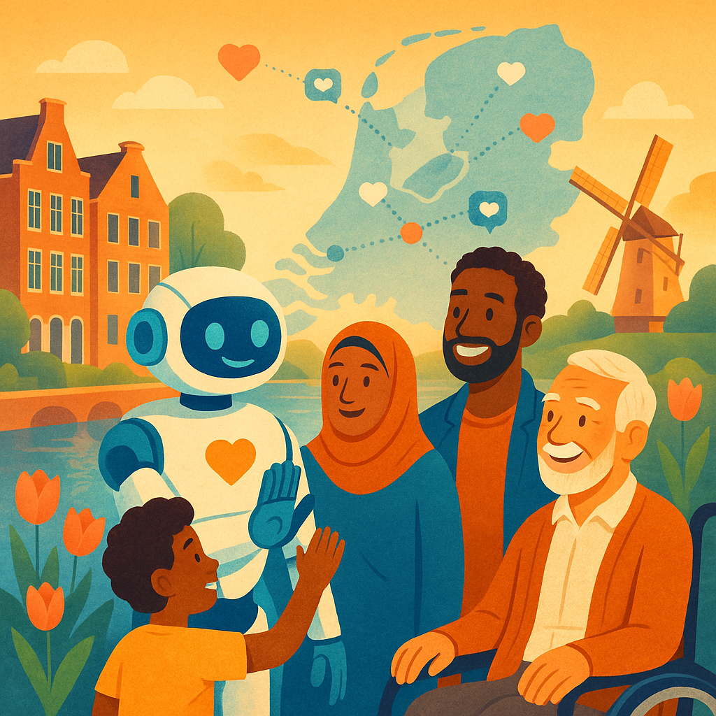 Illustratie: een vriendelijke robot begroet een diverse groep mensen.